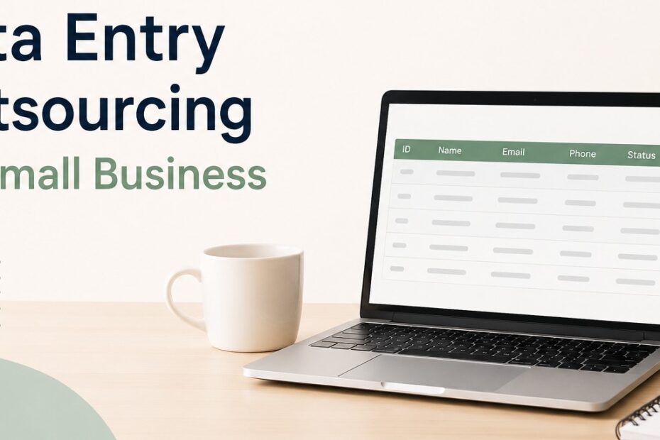 Minimal modern workspace featuring a laptop with spreadsheet data, representing data entry outsourcing services for small businesses.