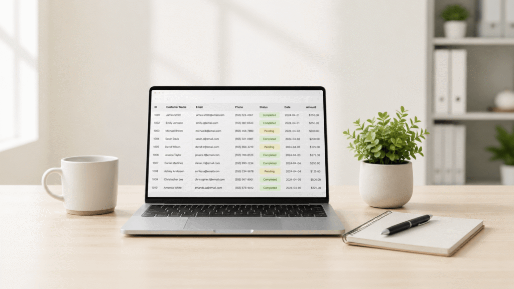 Minimal modern workspace with a laptop displaying a spreadsheet, illustrating the business benefits of data entry outsourcing for small businesses.