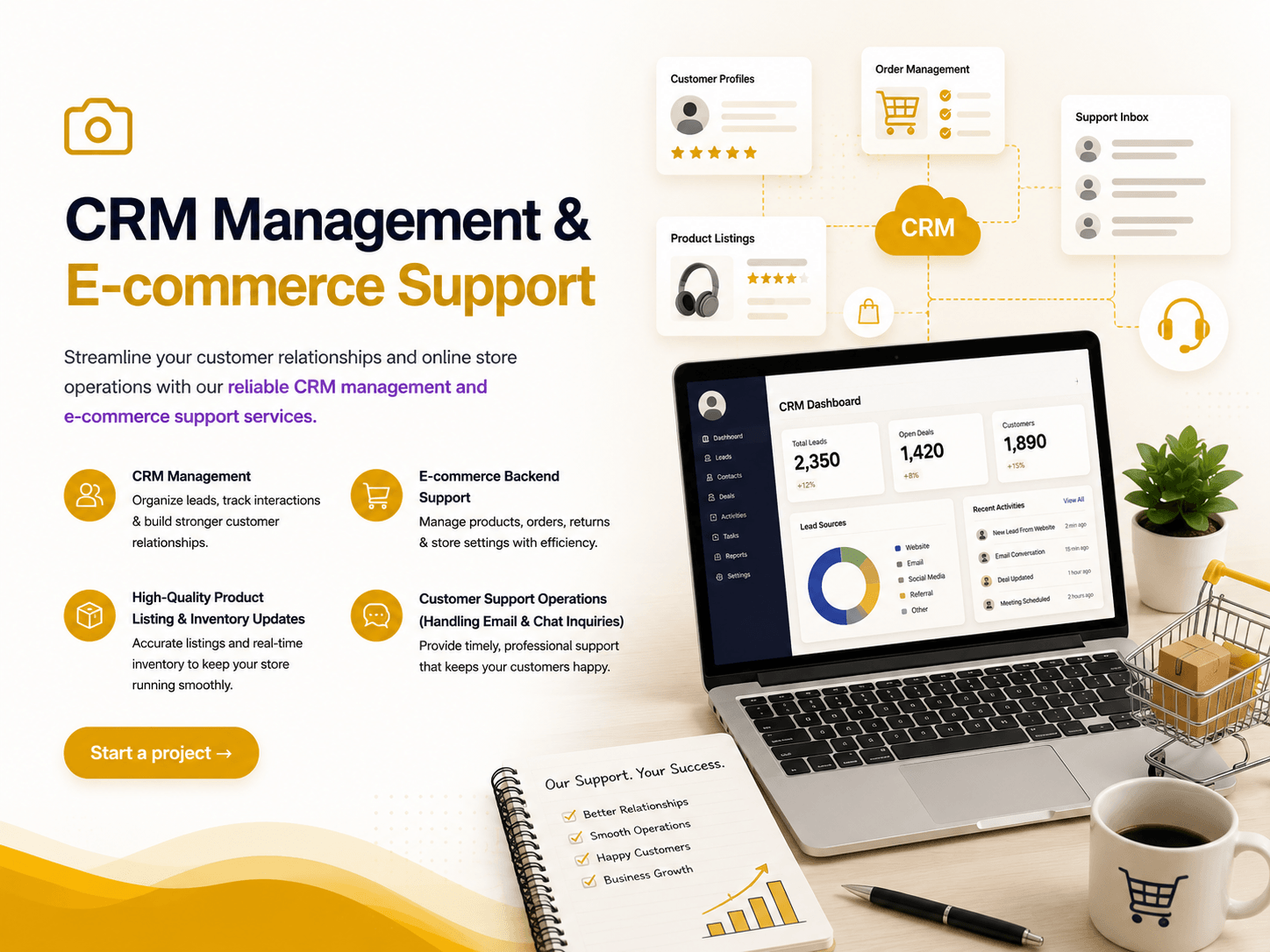 CRM management dashboard with e-commerce support, customer relationship management, inventory tracking, and order management.