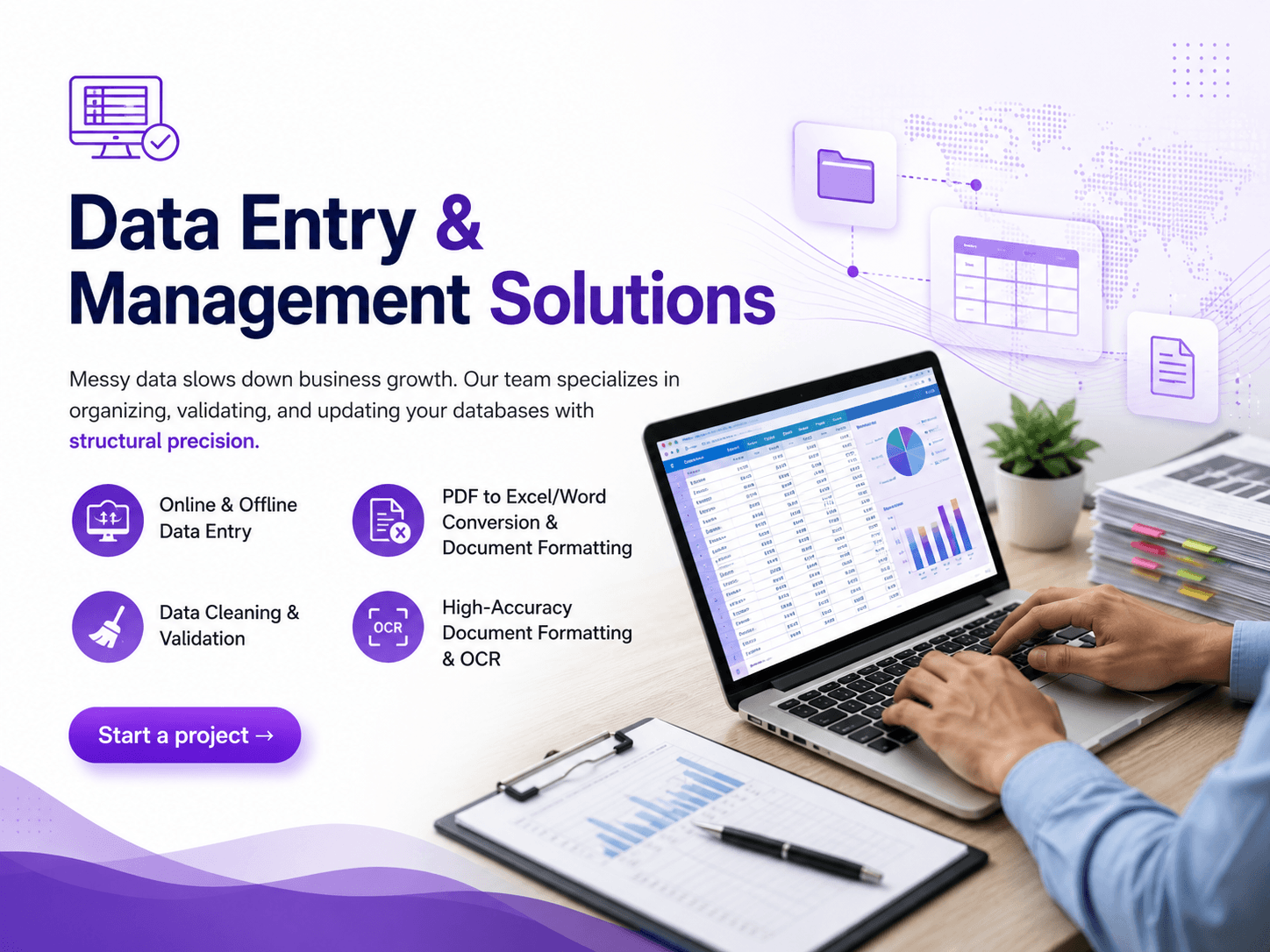 Professional data entry and management solutions with database organization, Excel processing, OCR, and document formatting.
