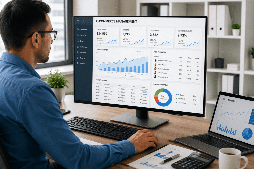 Business professional managing e-commerce product listings, inventory, customer orders, and sales data on a modern dashboard.