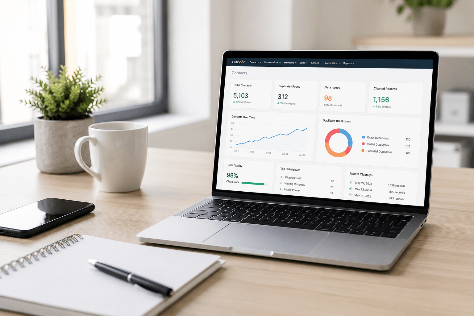 Modern workspace with CRM dashboard representing HubSpot database audit and cleanup services.