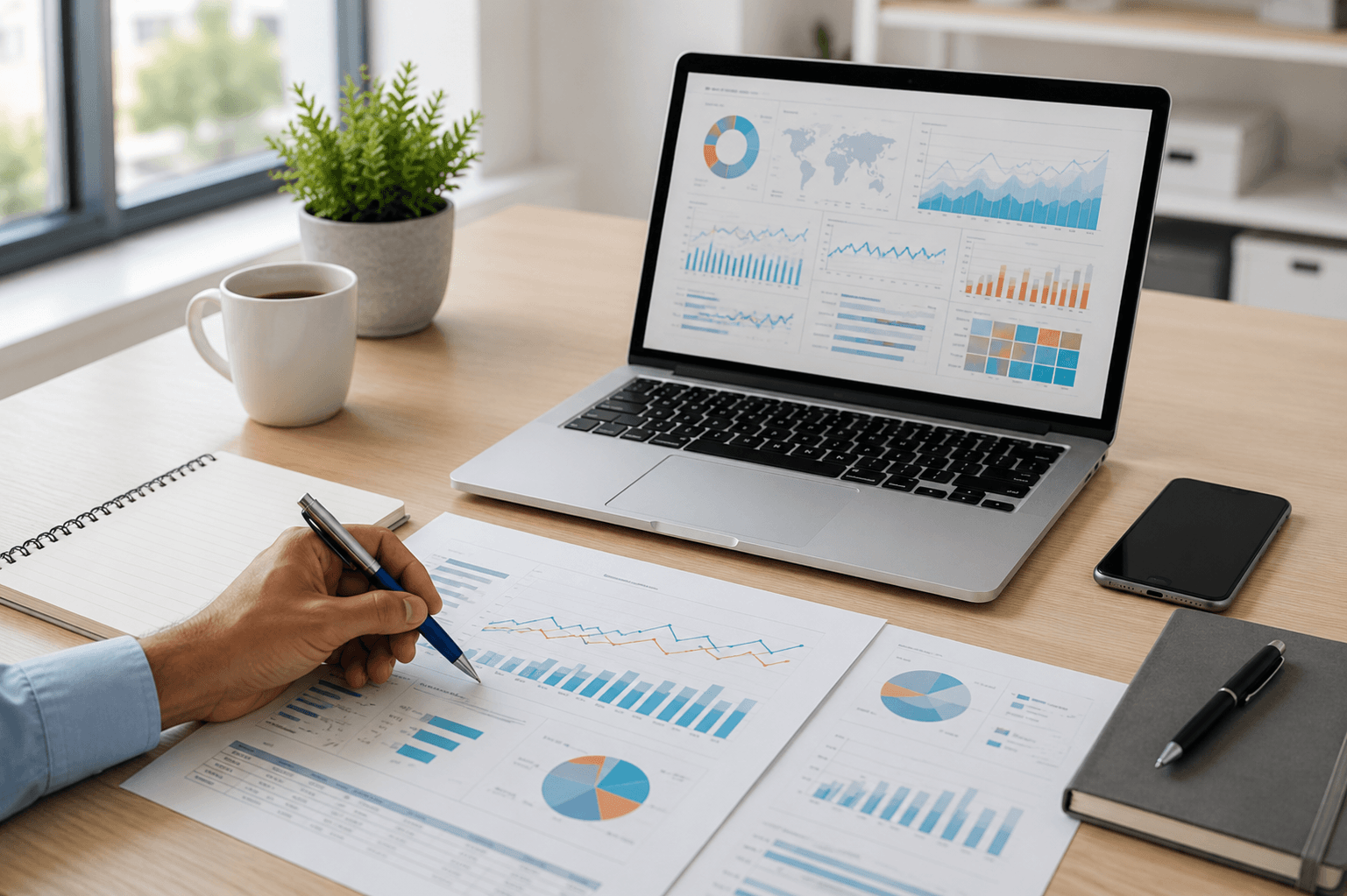 Business research workspace with charts and reports for market research and data extraction.