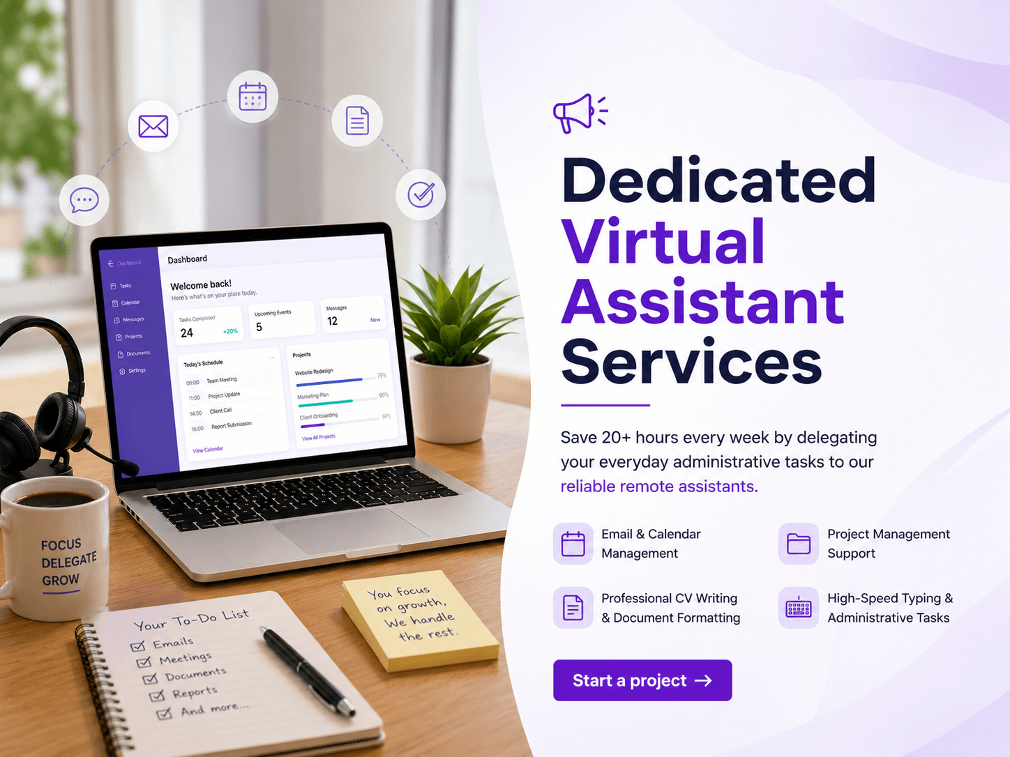 Professional virtual assistant services with email management, calendar scheduling, project coordination, and administrative support.