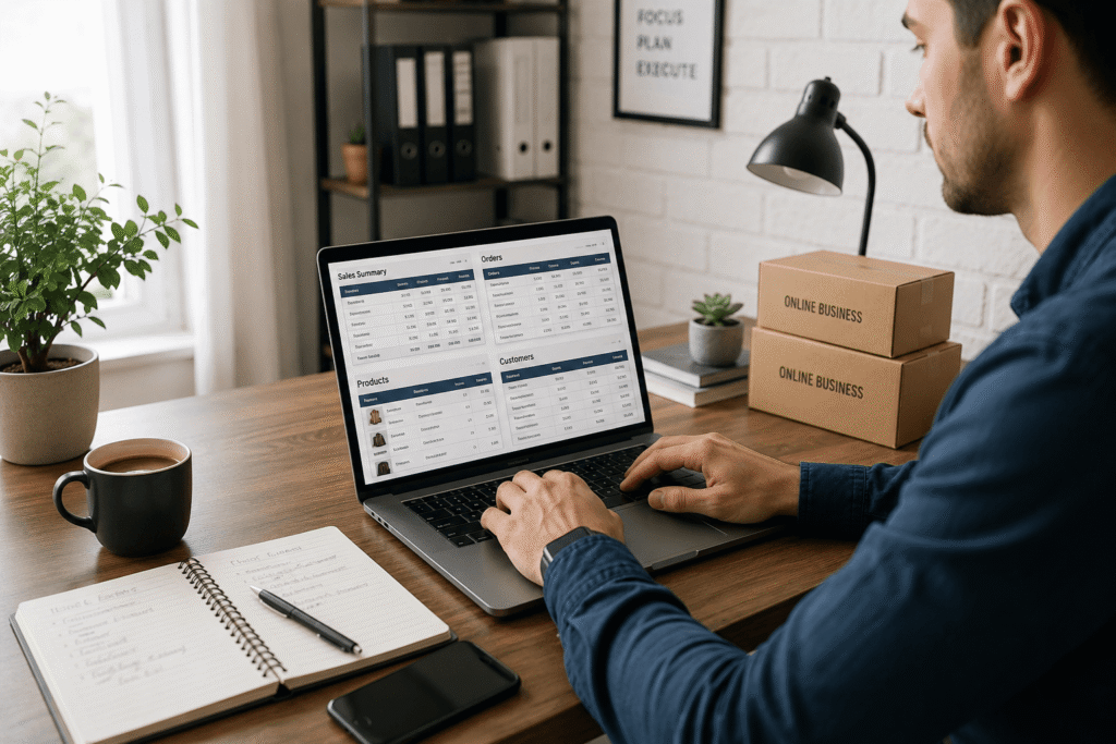 Remote worker managing online business data, spreadsheets, customer records, and product listings from a home office.