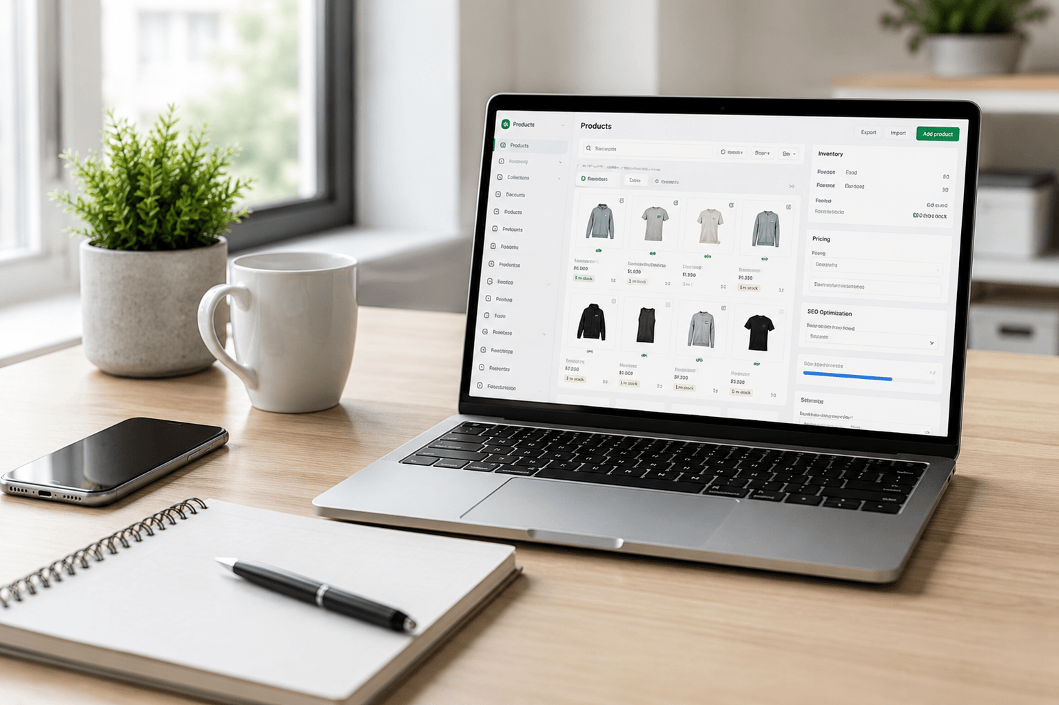 Professional eCommerce workspace with laptop for Shopify product listing management.