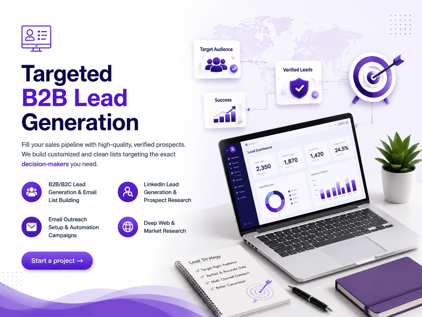 Professional B2B lead generation dashboard with verified business leads, LinkedIn prospect research, and email list building.