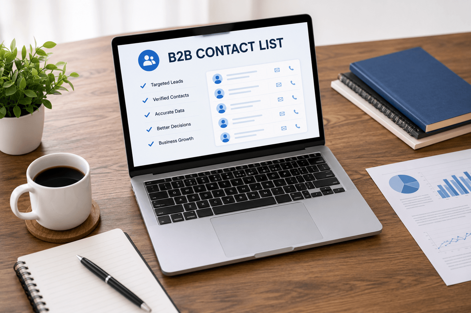 Professional B2B contact list building workspace with laptop displaying lead generation dashboard.