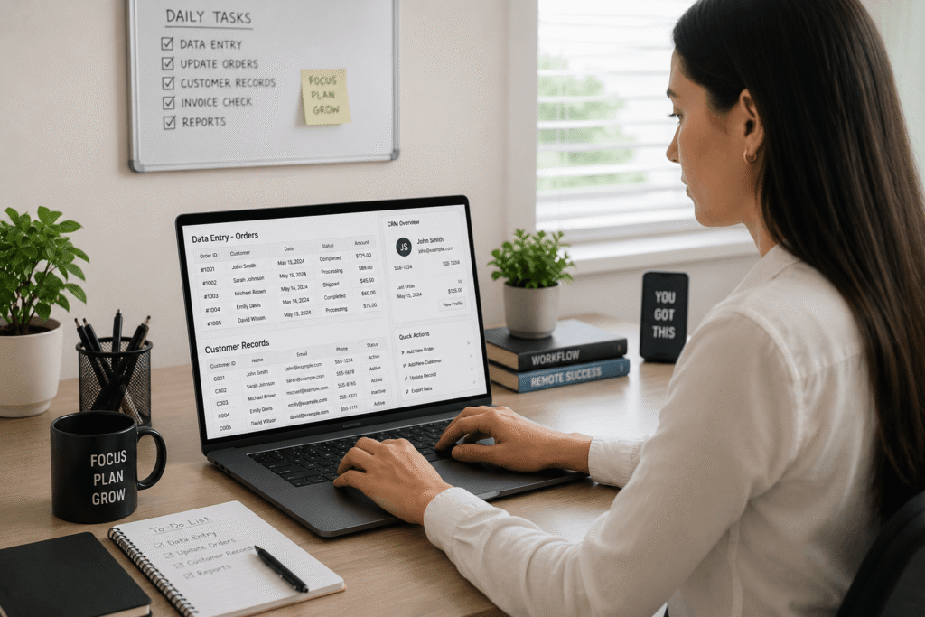 Data Entry Support for Online Businesses with a virtual assistant managing CRM records, spreadsheets, and digital documents